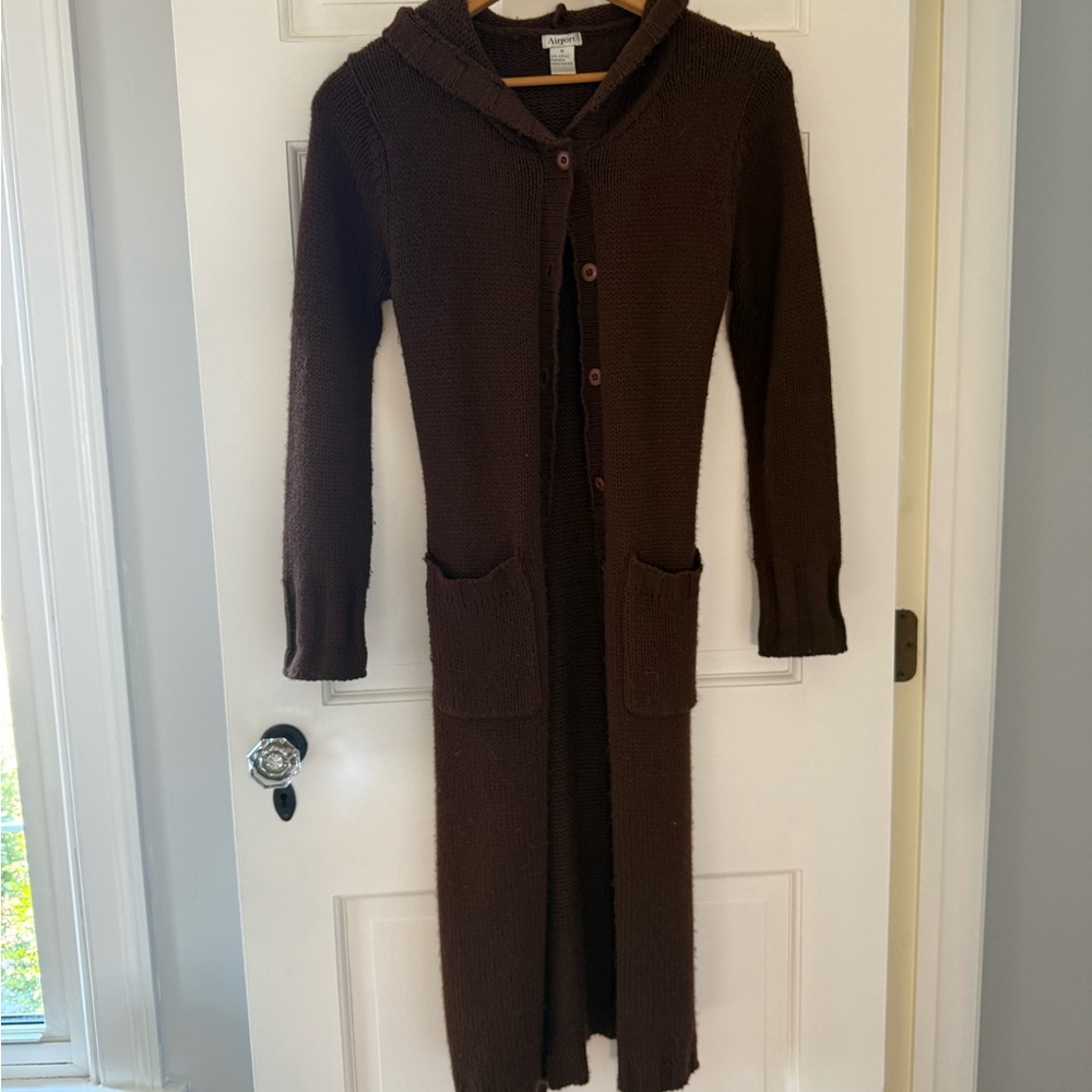 Long Brown Hooded Knit Cardigan with Pockets and Sash-Tie Belt